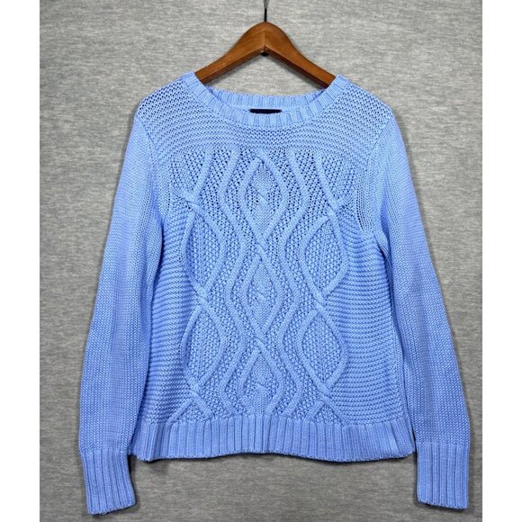Lands End Drifter Cable Knit Sweater L/P Blue 100% Cotton Womens Pullover - Picture 1 of 5